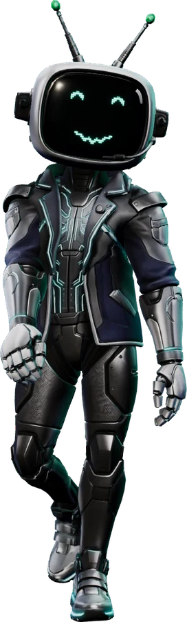 Max: a white TV head with antennas and a pixel face, in a dark jacket with teal piping